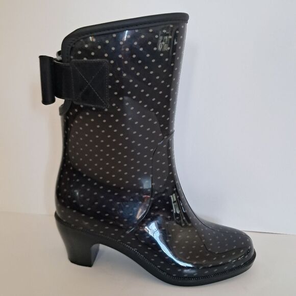 NEW Henry Ferrera Collection Women's 7 Polka Dot Spotted Bow Tie Rubber Boots - Picture 1 of 9
